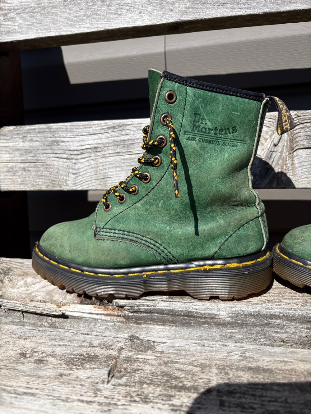 Dr. Martens, RARE, From ENGLAND.
Green Leather with Yellow Stitching. 
Air Walk.